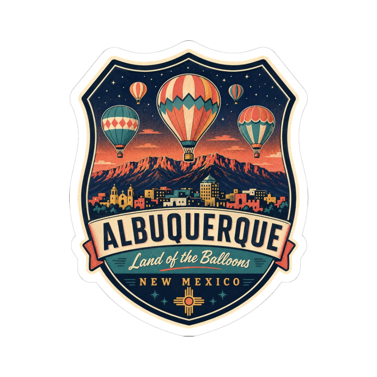 Luggage tag sticker, Albuquerque badge with hot air balloons and New Mexico text