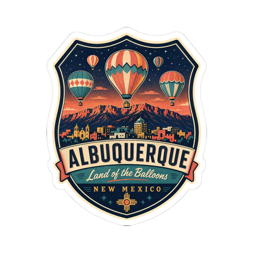 Luggage tag sticker, Albuquerque badge with hot air balloons and New Mexico text