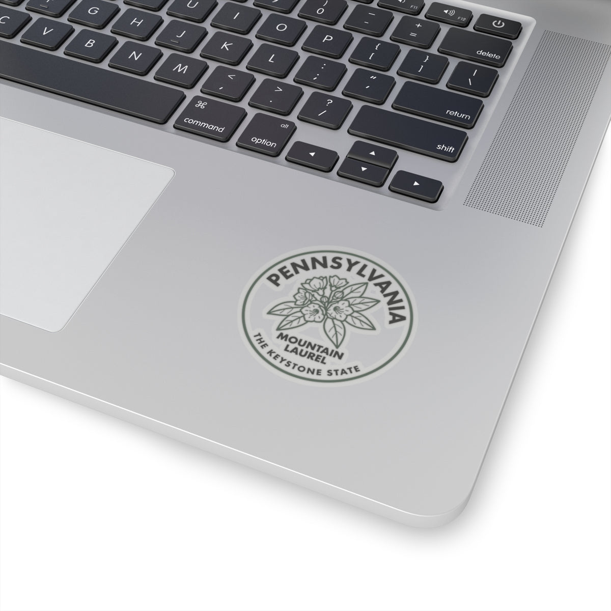 Transparent vinyl sticker on laptop, circular Pennsylvania Mountain Laurel emblem
