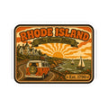 Rhode Island sticker with cliff houses, orange camper van and Est. 1790, bordered
