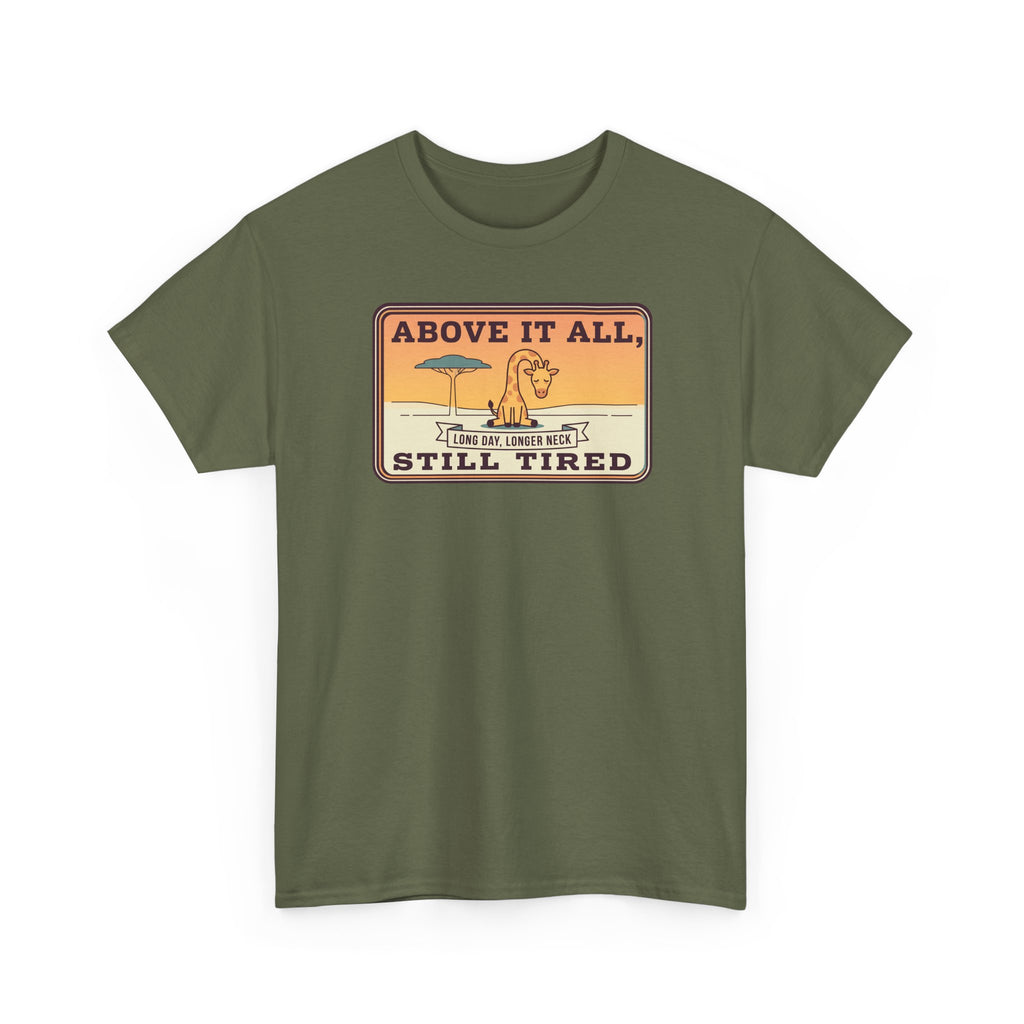 Above It All Still Tired Tee | Retro Beach Scene, Coffee Cup, Sunset Vibes
