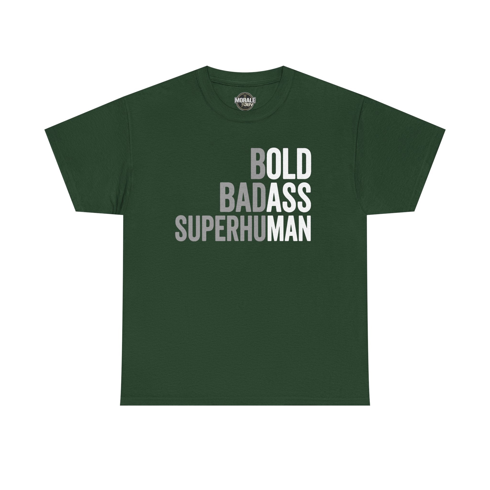 Men's forest green graphic t-shirt with Bold Badass Superhuman slogan print