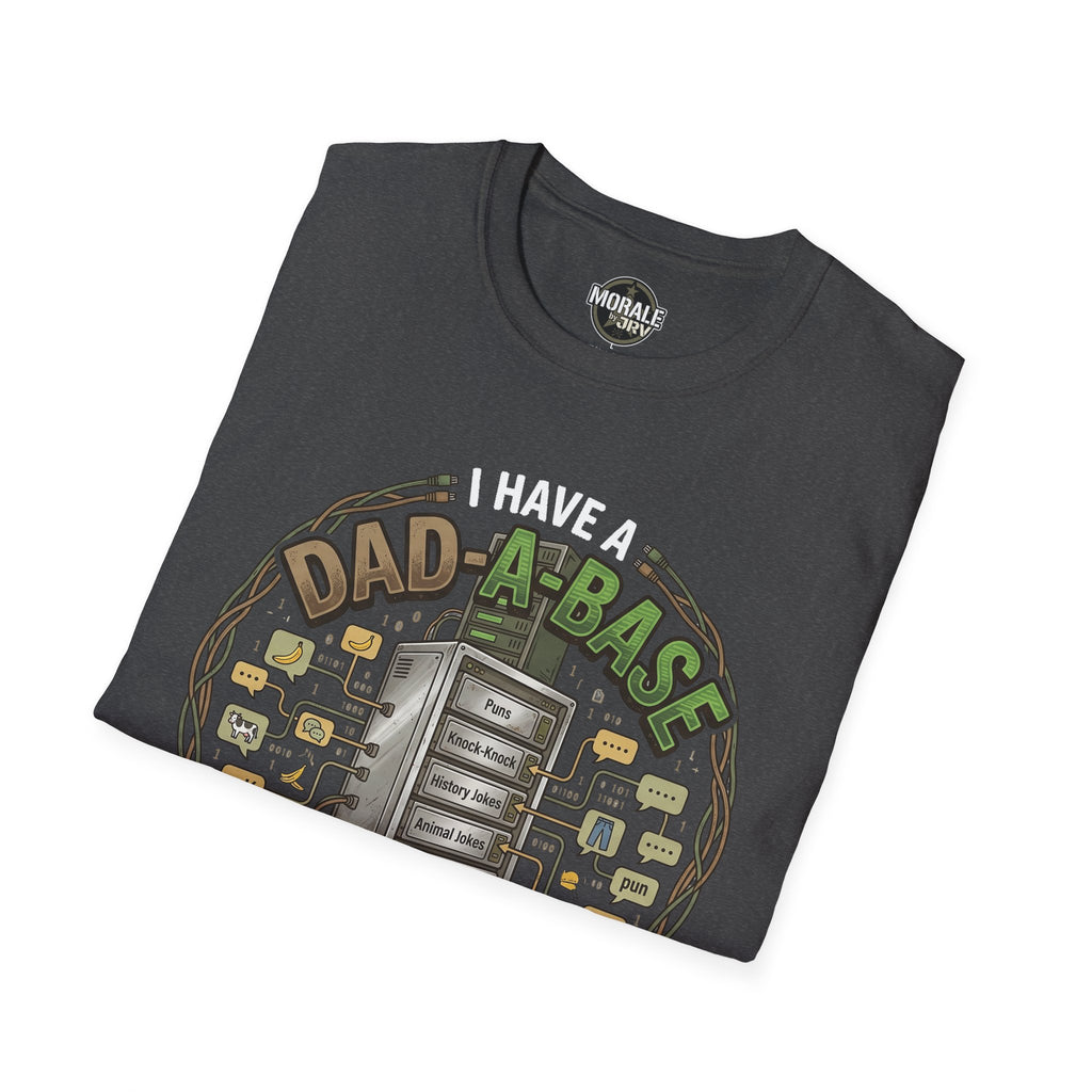 Dark heather gray Dad-abase joke print T-shirt, crew neck