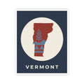 Vermont map sticker with red state graphic, blue pattern details, beige circle border, 'VERMONT' name