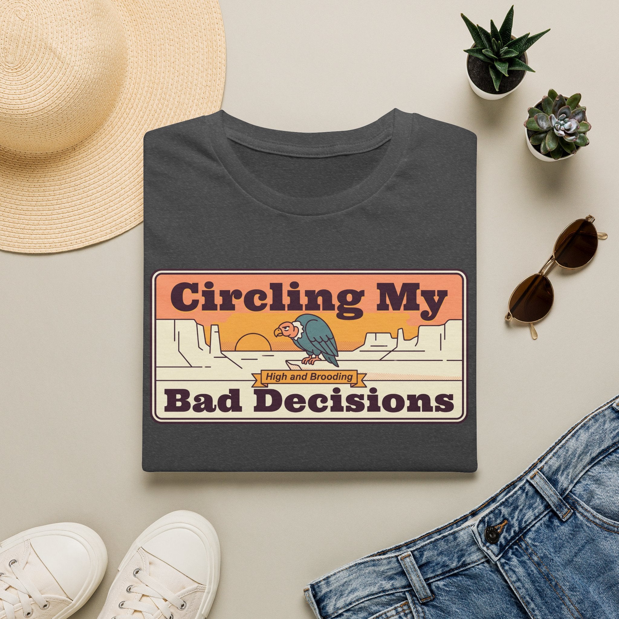 Funny Vulture T-Shirt | Circling My Bad Decisions Retro Desert Graphic Tee | Sarcastic Gift