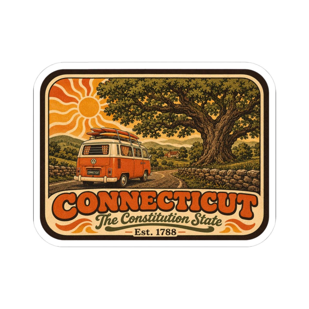Connecticut vintage camper van sticker with sun, tree, and orange retro lettering.