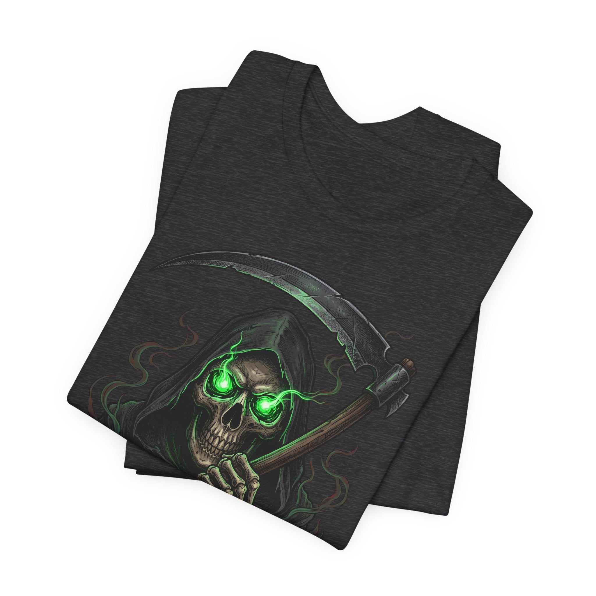 Dark grey heather t-shirt with green-glow skull and scythe graphic