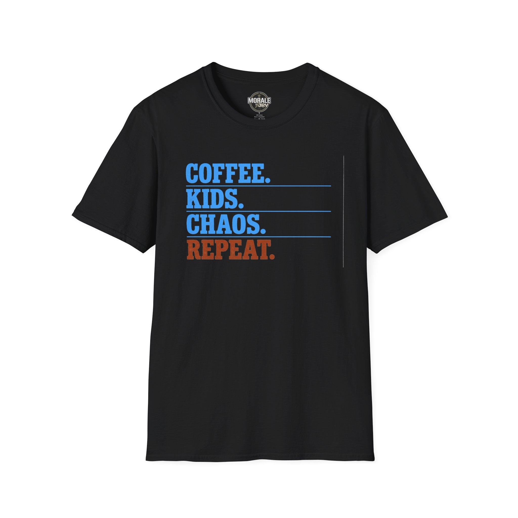 Black T-shirt with “COFFEE. KIDS. CHAOS. REPEAT.” graphic print