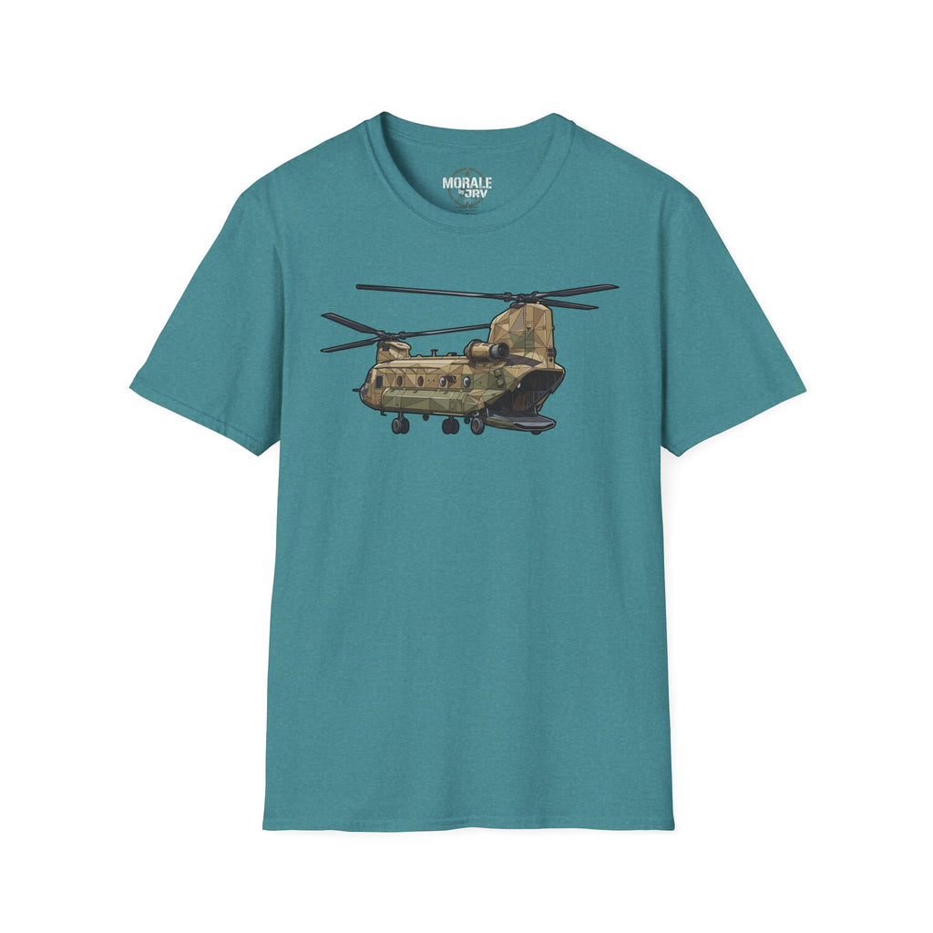 CH-47 T-shirt teal with tan/green military helicopter graphic centered