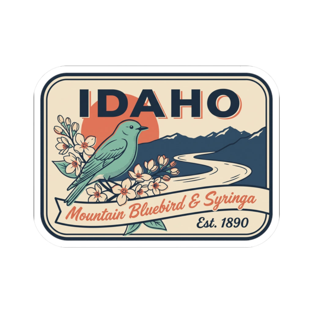Rounded vinyl decal: IDAHO text above bluebird, blossoms, and 'Mountain Bluebird & Syringa'