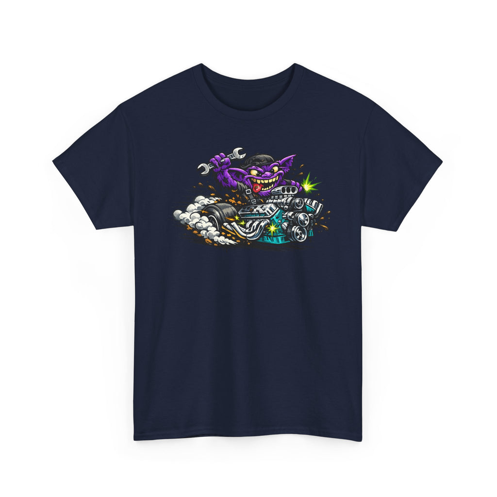 Purple Grinning Cat Biker Tee | Retro Cartoon Motorcycle Graphic T-Shirt, Unisex Streetwear Gift