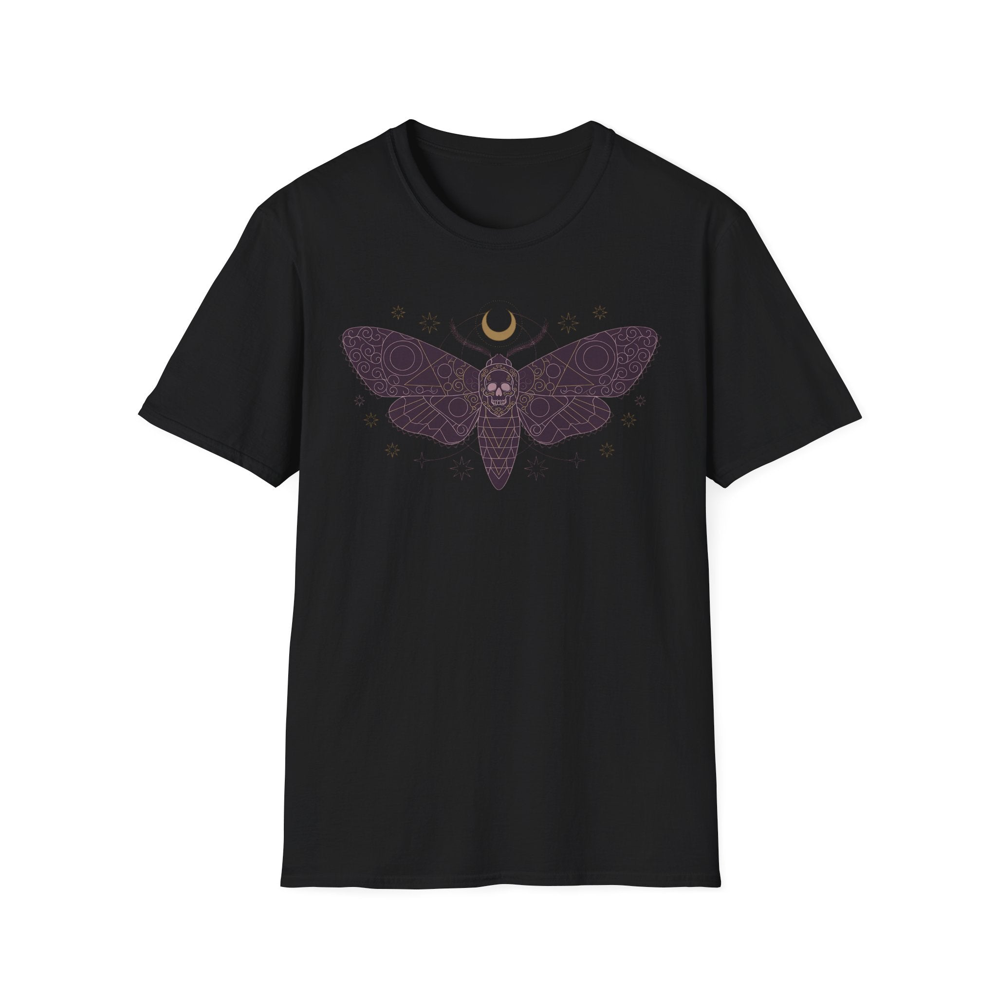 Black moth graphic T-shirt with skull-style moth and crescent moon print