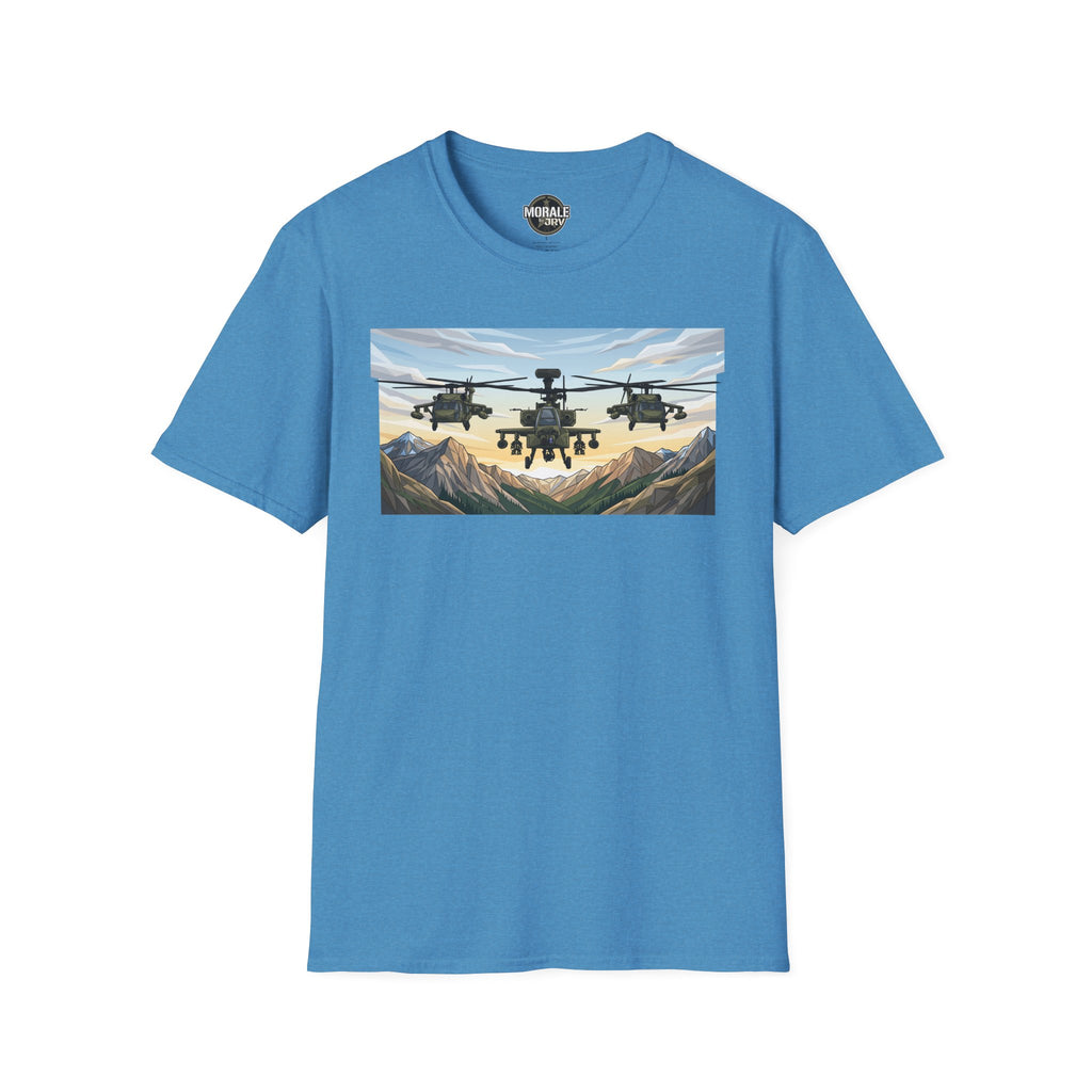 Heather Galapagos Blue T-shirt featuring helicopter scene above mountain valley