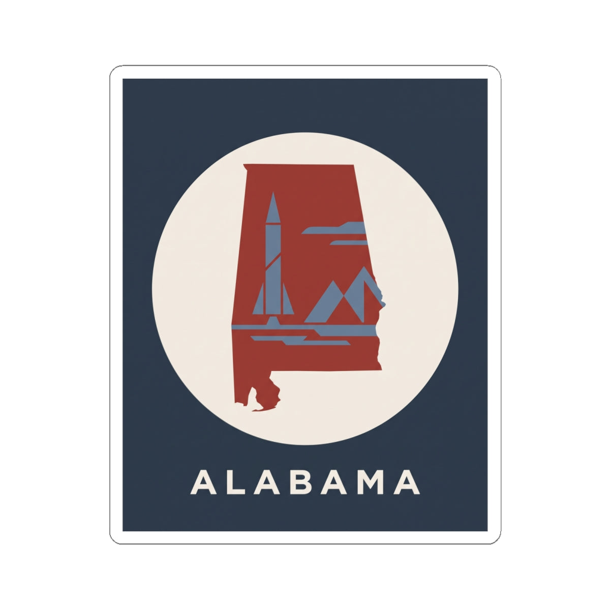 Square Alabama sticker featuring red state silhouette, white circle, and ALABAMA lettering