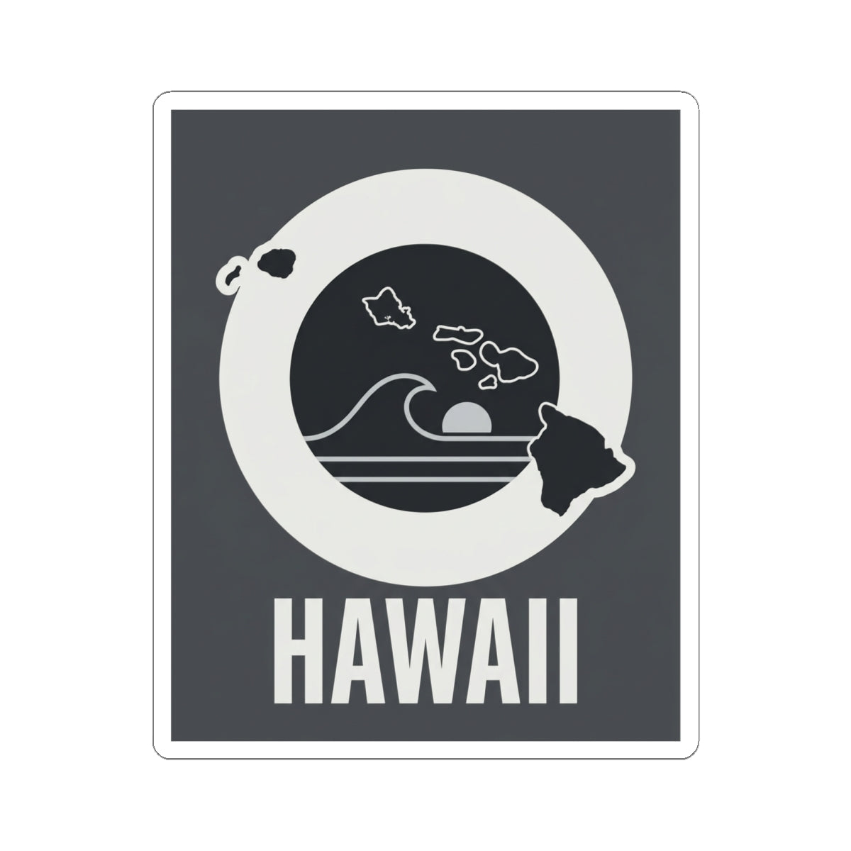 Square kiss-cut sticker showing white circular ocean wave graphic and HAWAII text