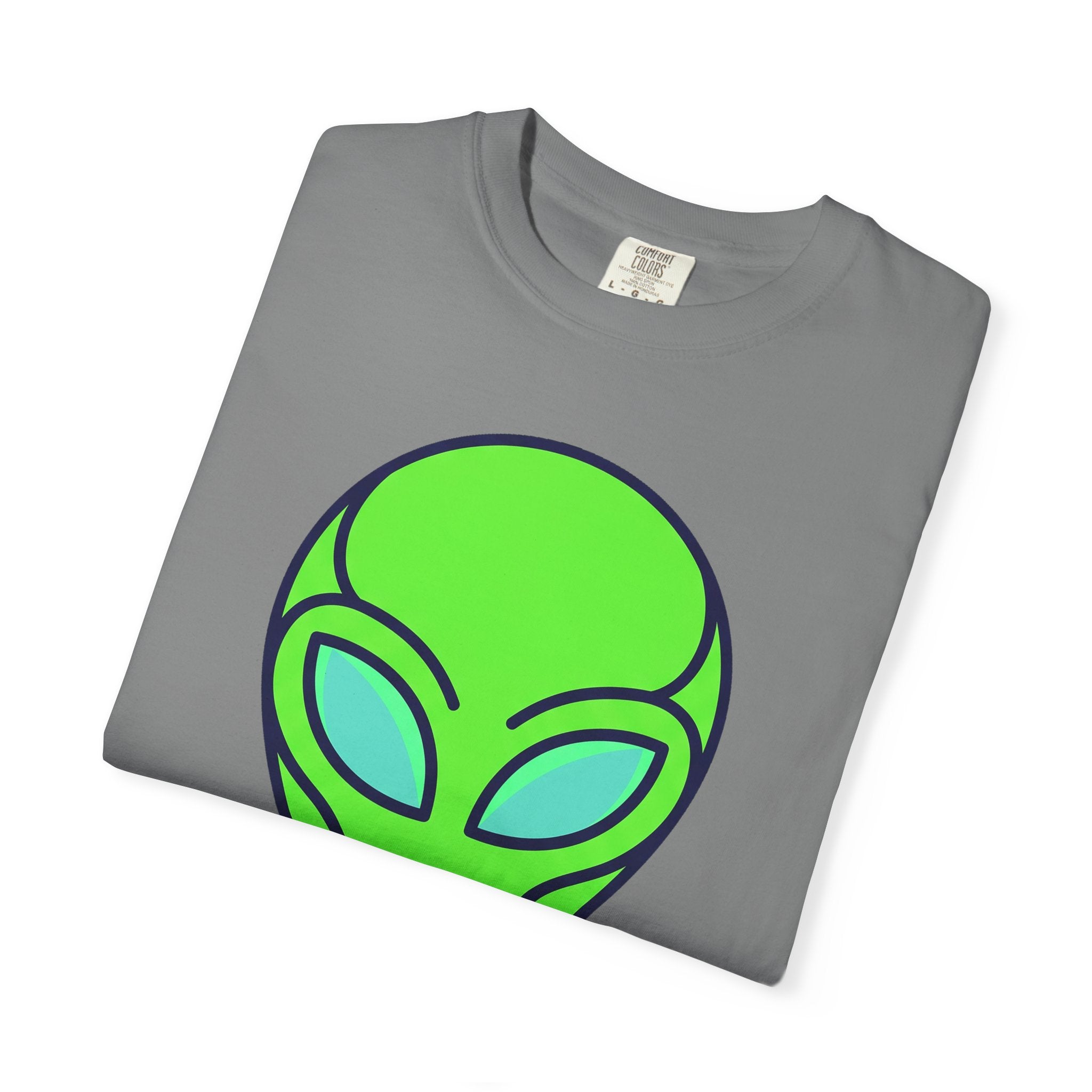 Alien face graphic T-shirt in dark gray with neon green and blue print