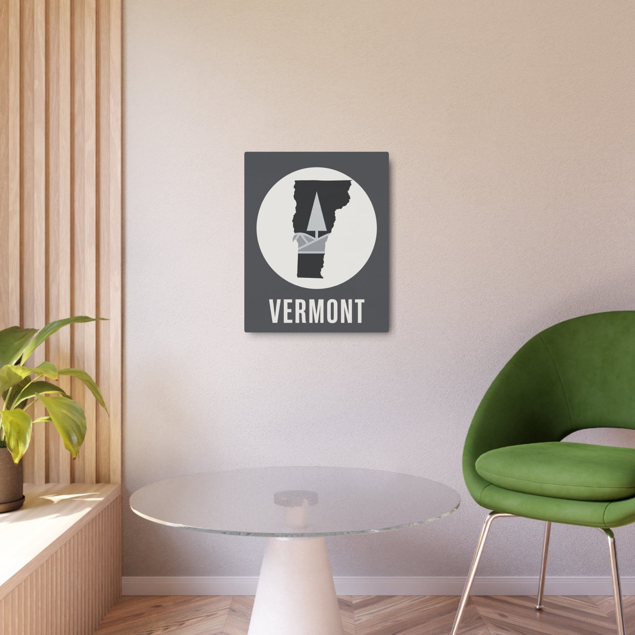 Vermont metal wall sign featuring circular pine-tree state silhouette and “VERMONT” text.
