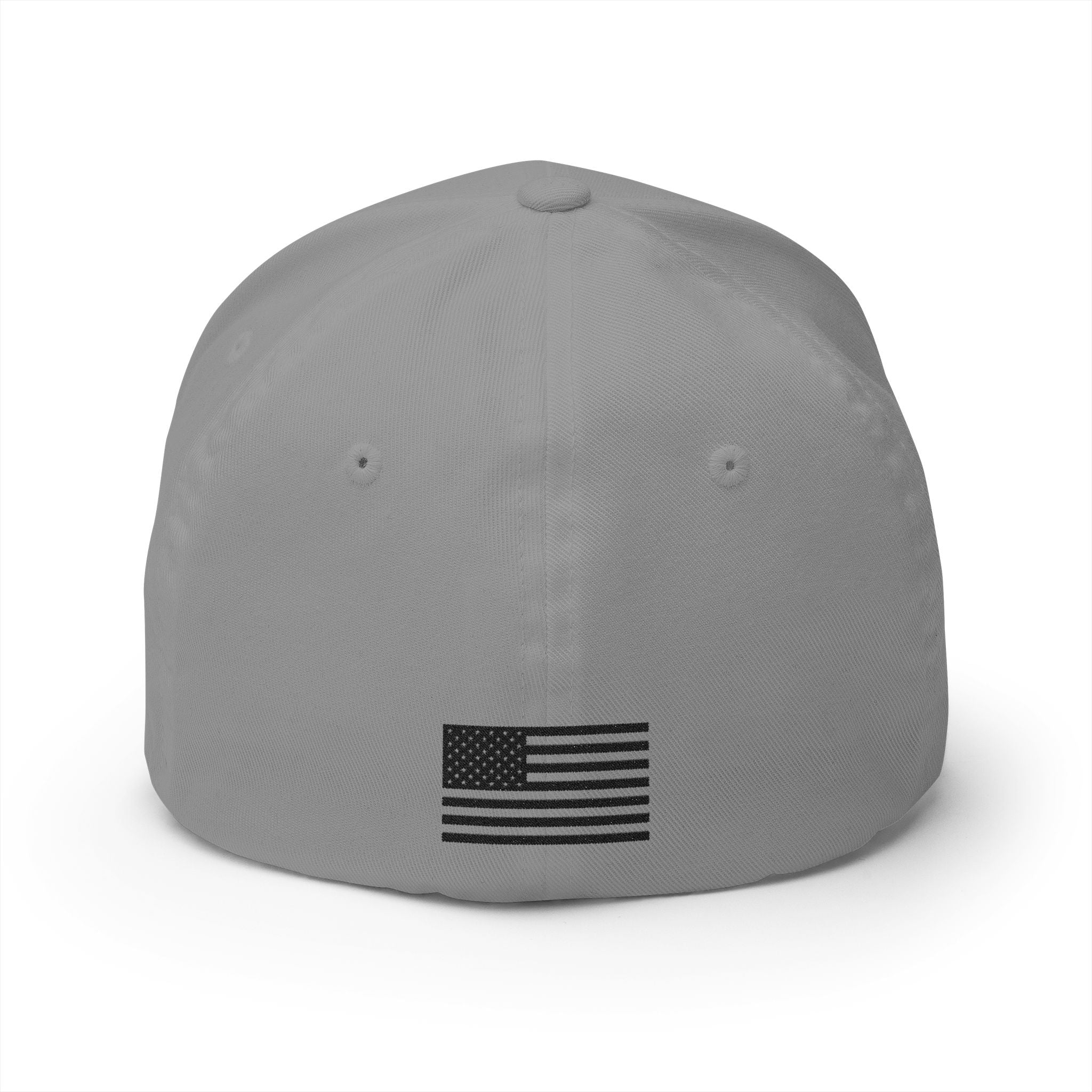 Grey embroidered baseball cap with American flag patch on front