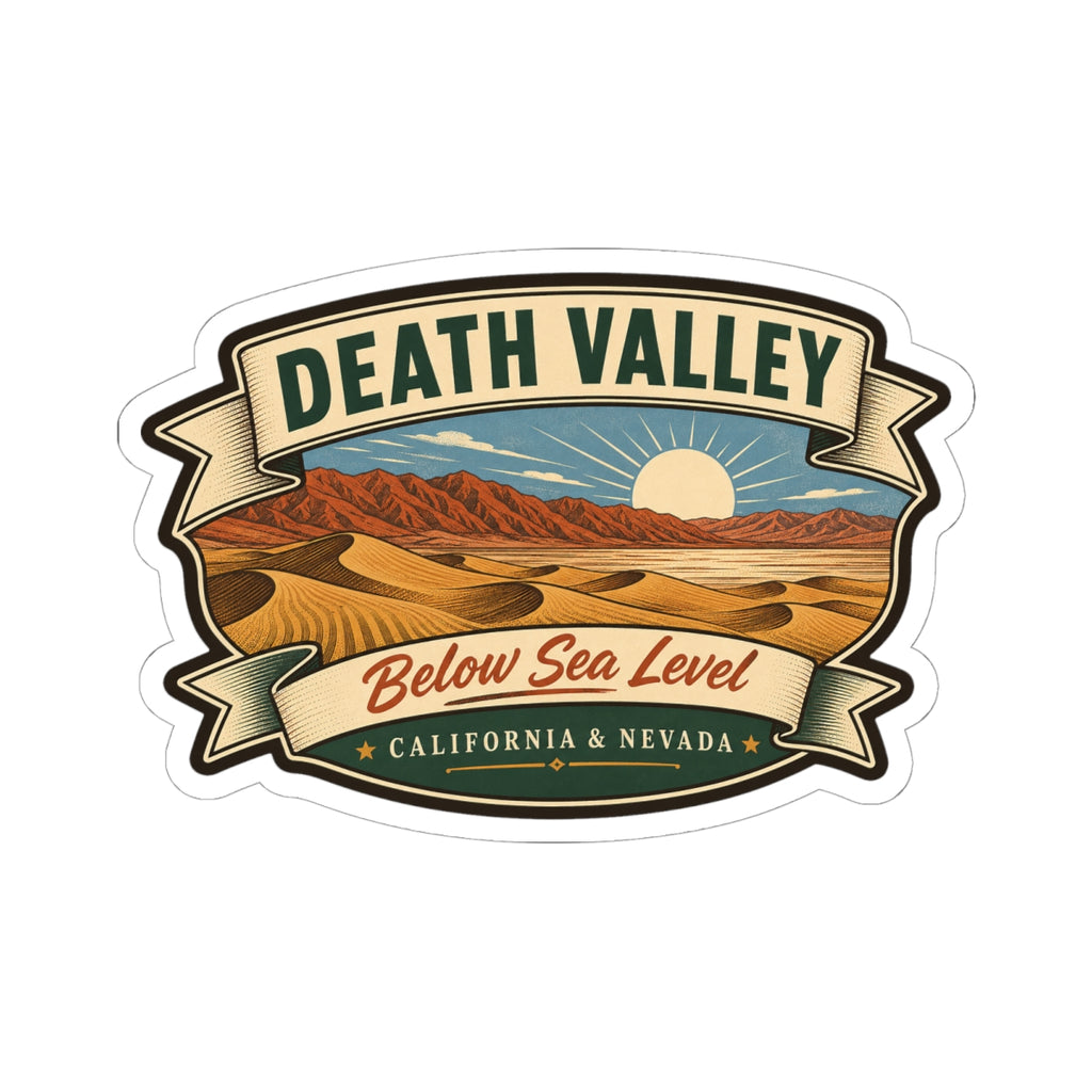 Travel sticker design: desert dunes, red mountains, sun, “Death Valley” and “Below Sea Level”