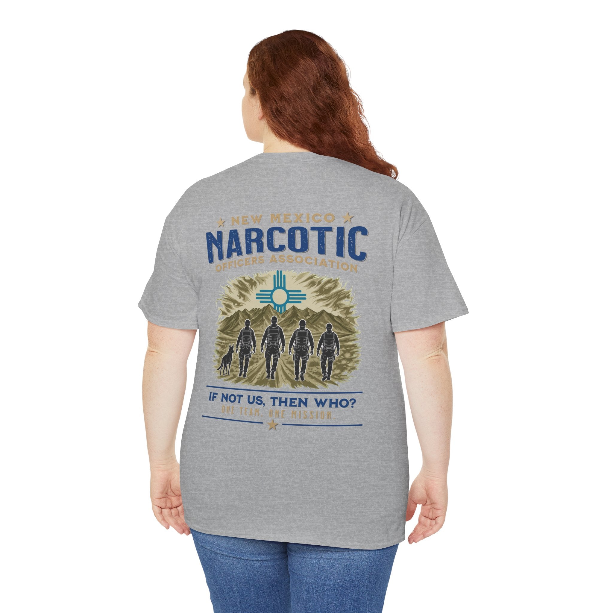 Sport grey crewneck t-shirt worn from back with large back graphic