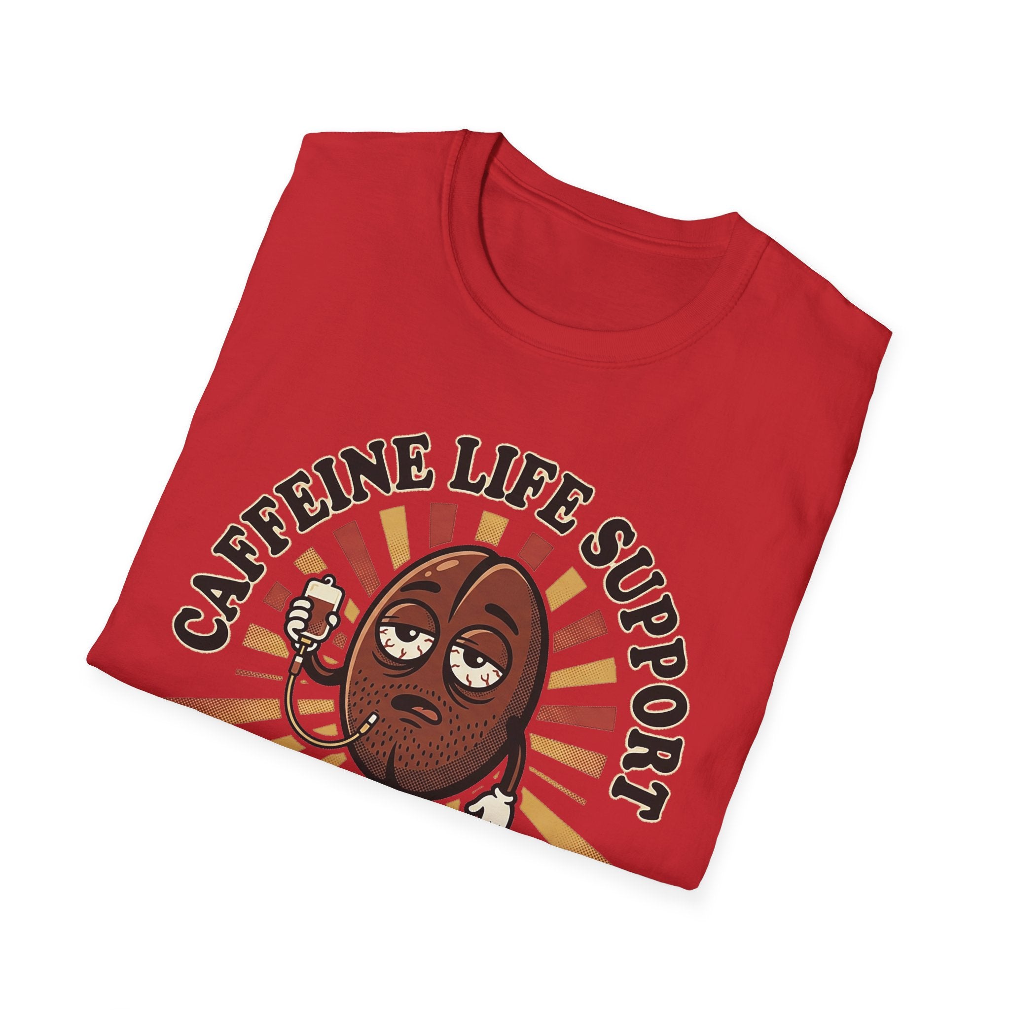 Rotes T-Shirt mit Cartoon-Kaffeebohne und Aufdruck „CAFFEINE LIFE SUPPORT 037“
