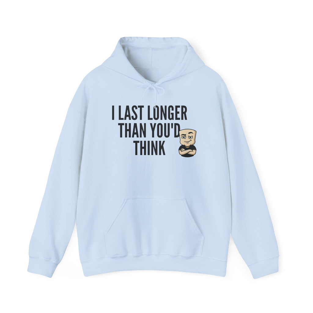 I Last Longer Than You'd Think Hoodie | Funny Adult Humor Beard Guy Graphic Sweatshirt Gift