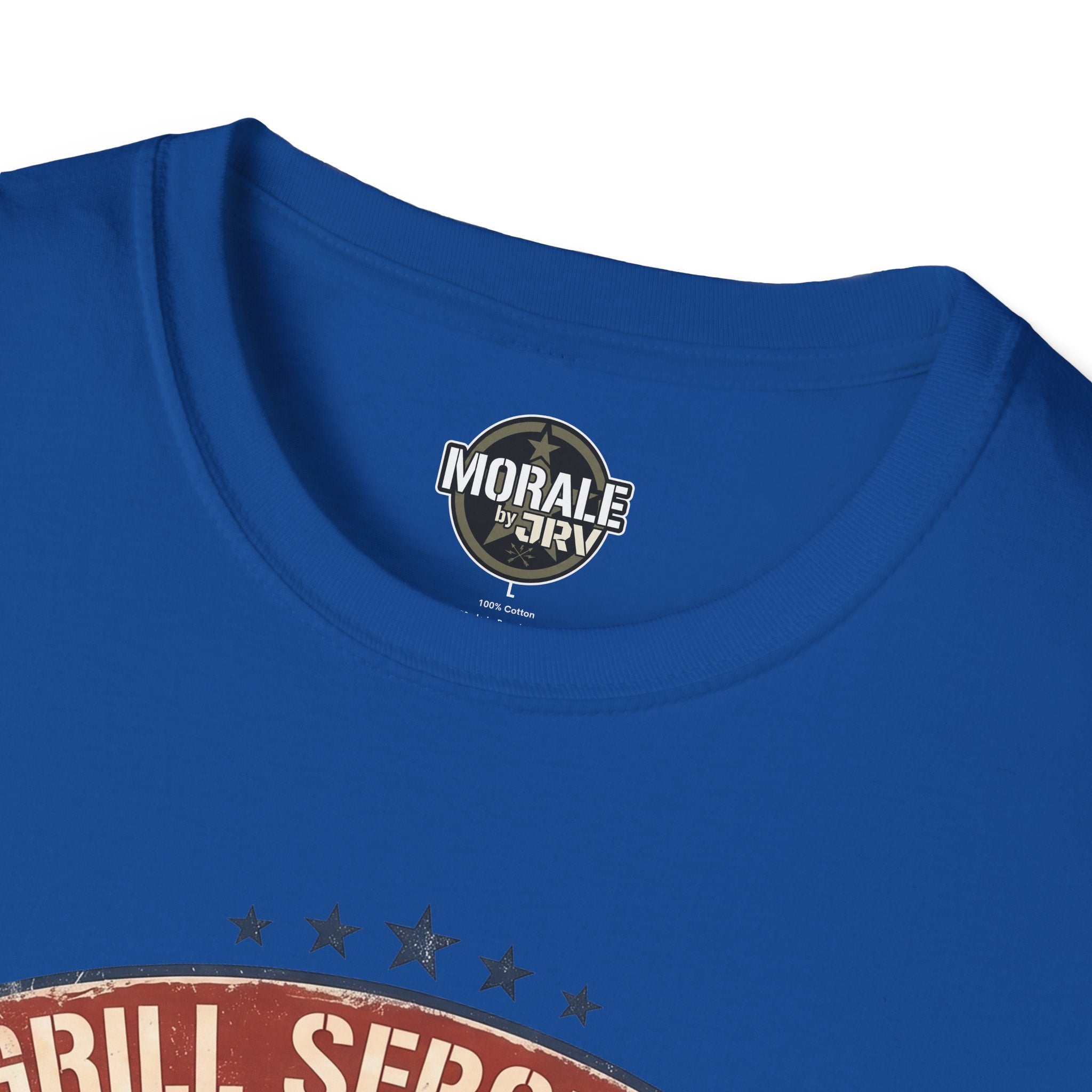 Royal blue T-shirt neck label: “Morale by DRIVR”, crew neck close-up