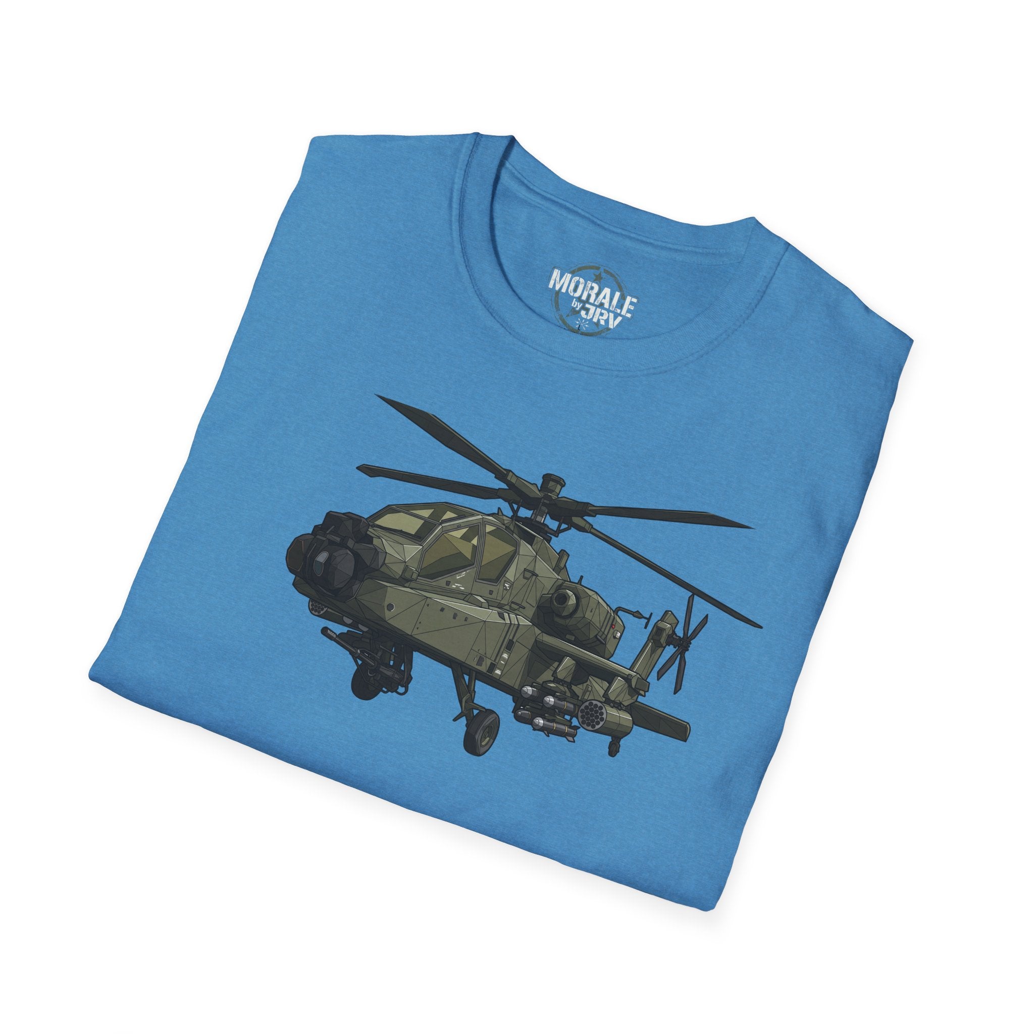 AH-64 Apache T-Shirt folded in blue heather with full helicopter graphic on front.
