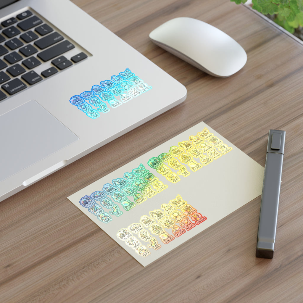 Holographic toy icon sticker sheet with blue and rainbow die-cut labels