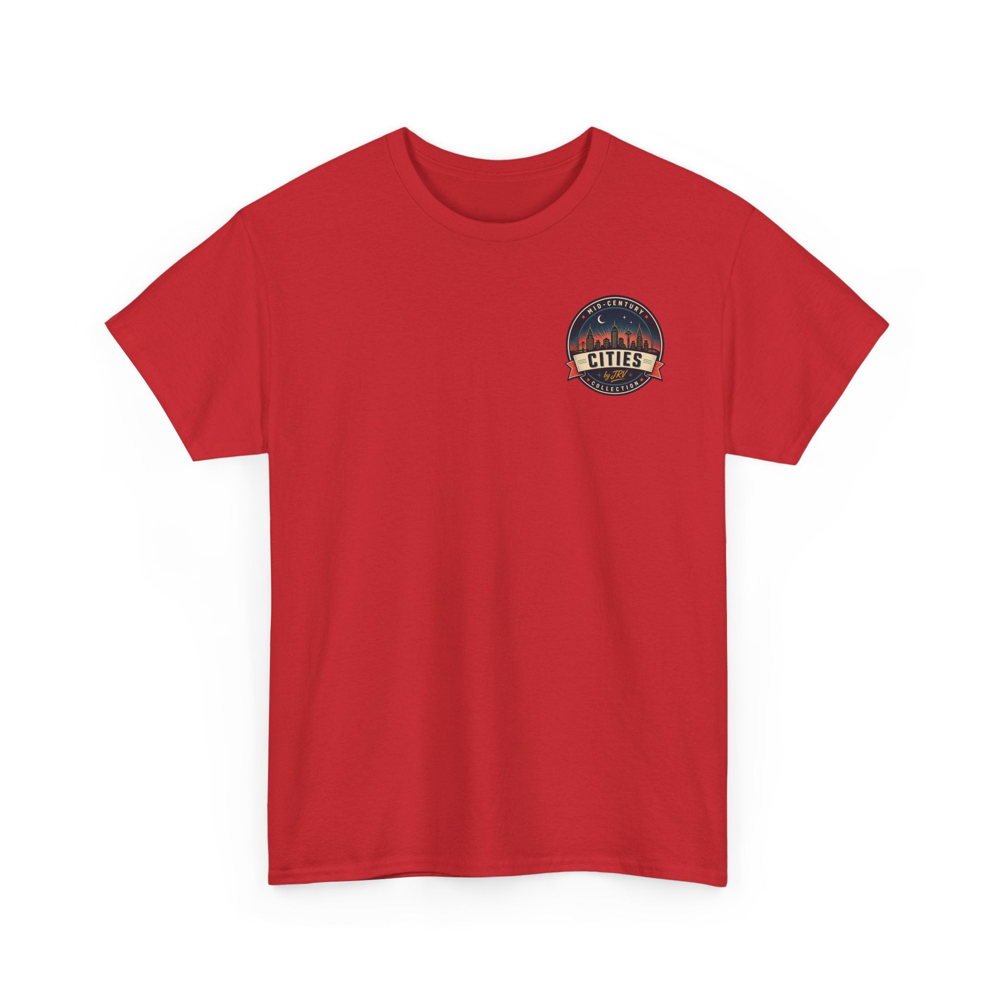 Red crewneck T-shirt with circular Cities city badge graphic on chest