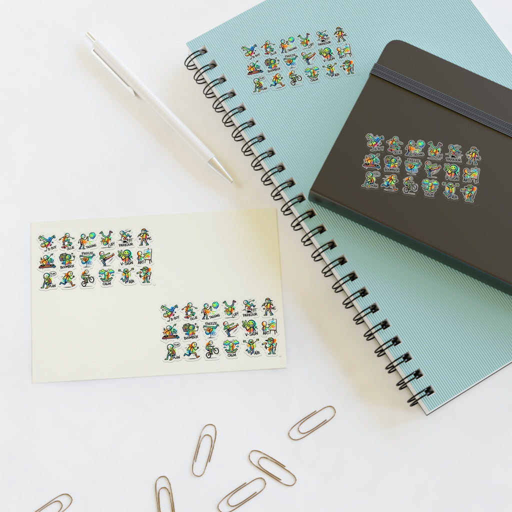 Character sticker sheet with die-cut icons, shown on white background near notebook