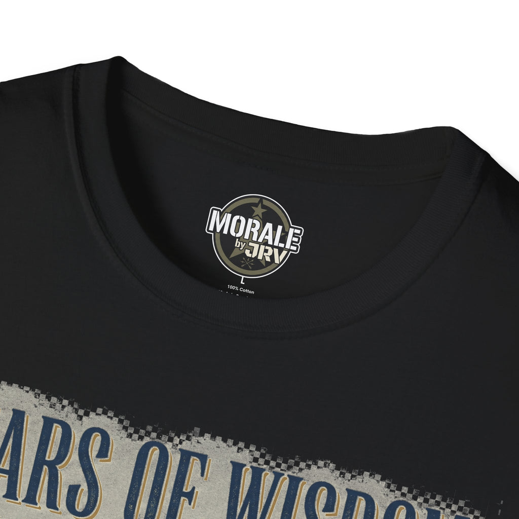 Black T-shirt neckline with chest logo patch