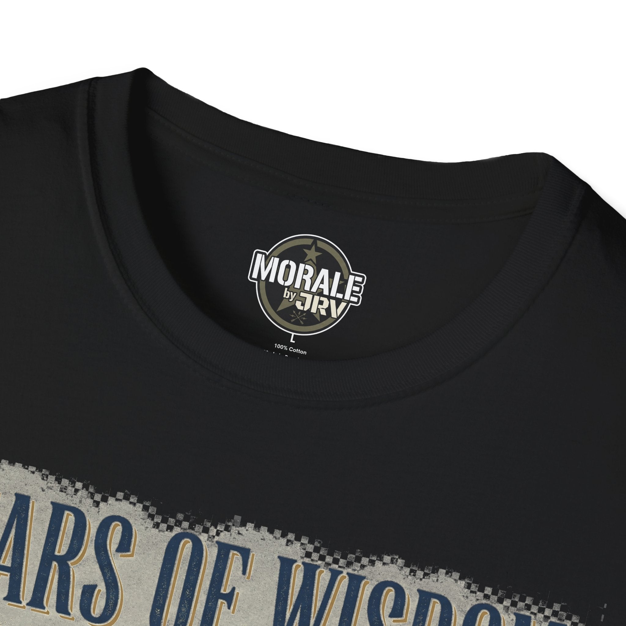 Black T-shirt neckline with circular brand logo and “Years of Wisdom” text