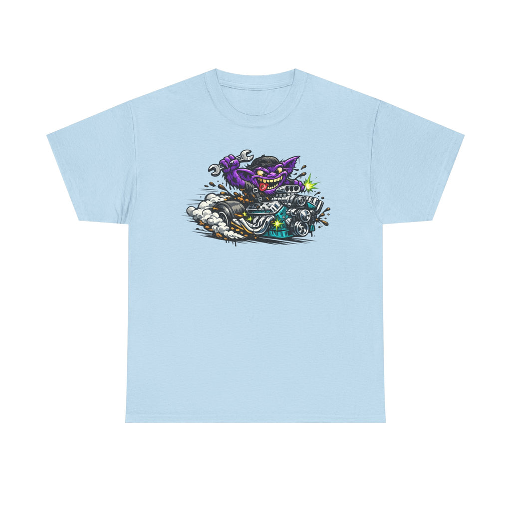 Purple Grinning Cat Biker Tee | Retro Cartoon Motorcycle Graphic T-Shirt, Unisex Streetwear Gift