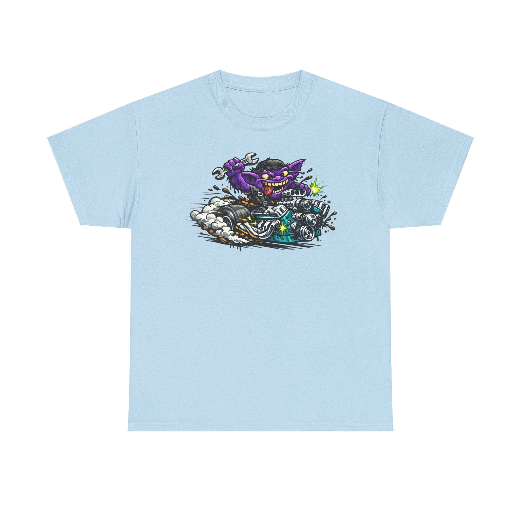 Purple Grinning Cat Biker Tee | Retro Cartoon Motorcycle Graphic T-Shirt, Unisex Streetwear Gift