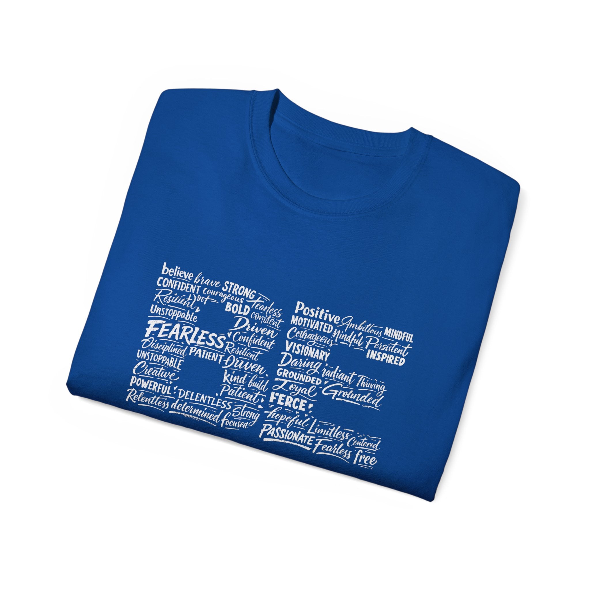 Life word cloud motivational typography shirt in royal blue, full front graphic