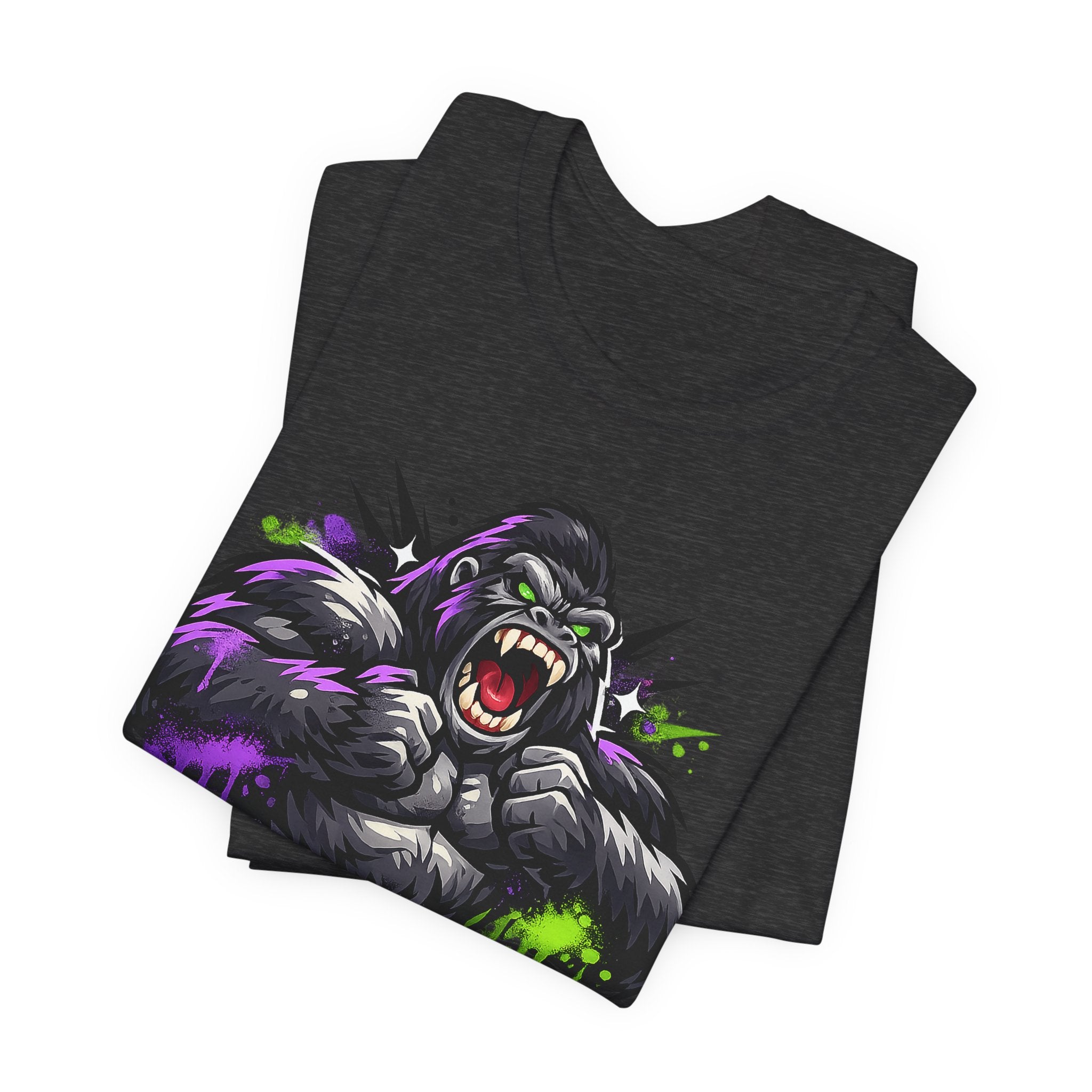 Dark Grey Heather unisex T-shirt with roaring gorilla graphic on chest