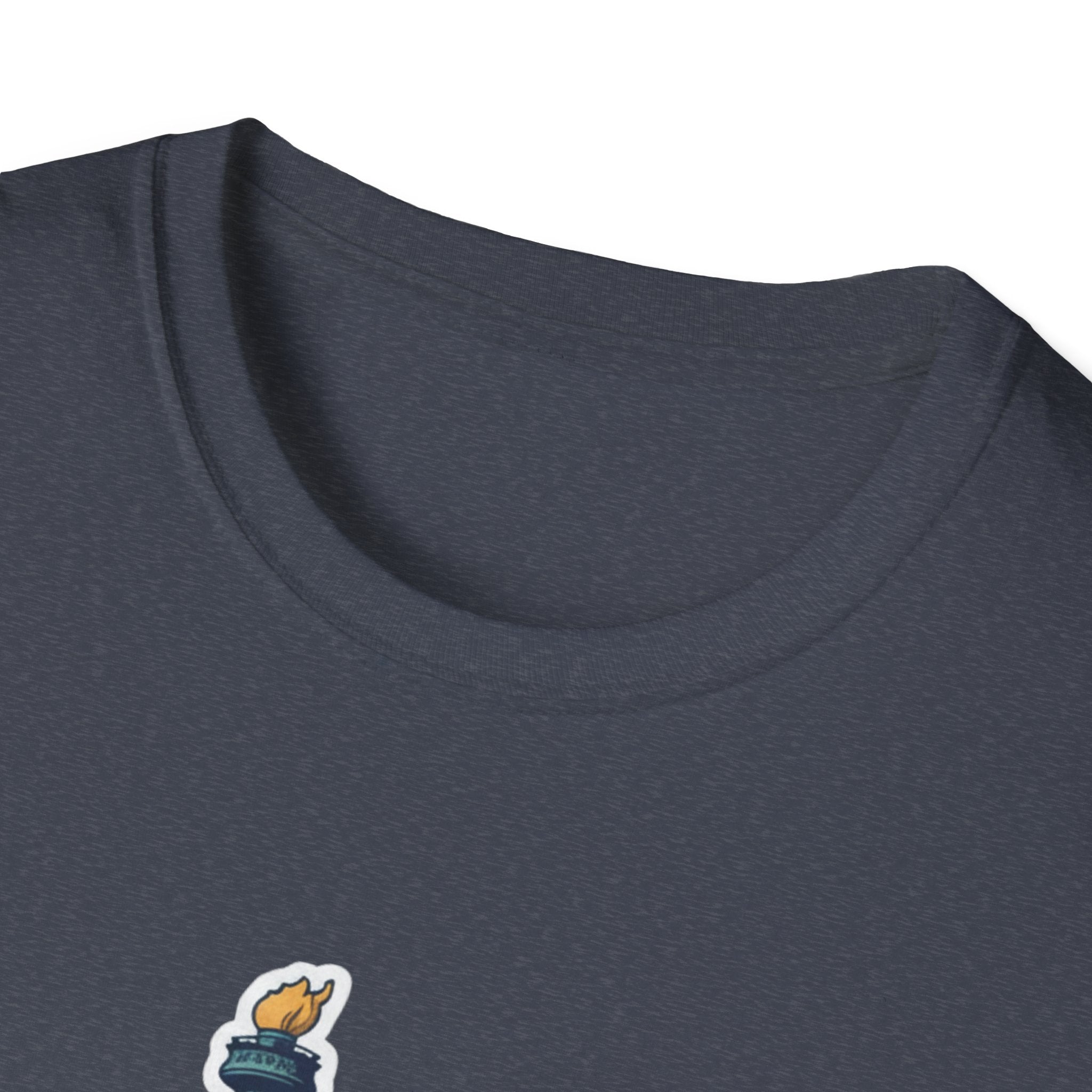 Heather navy T-shirt neckline with small logo graphic