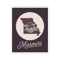 Missouri state silhouette kiss-cut decal, dark purple rectangle sticker with circular emblem and script
