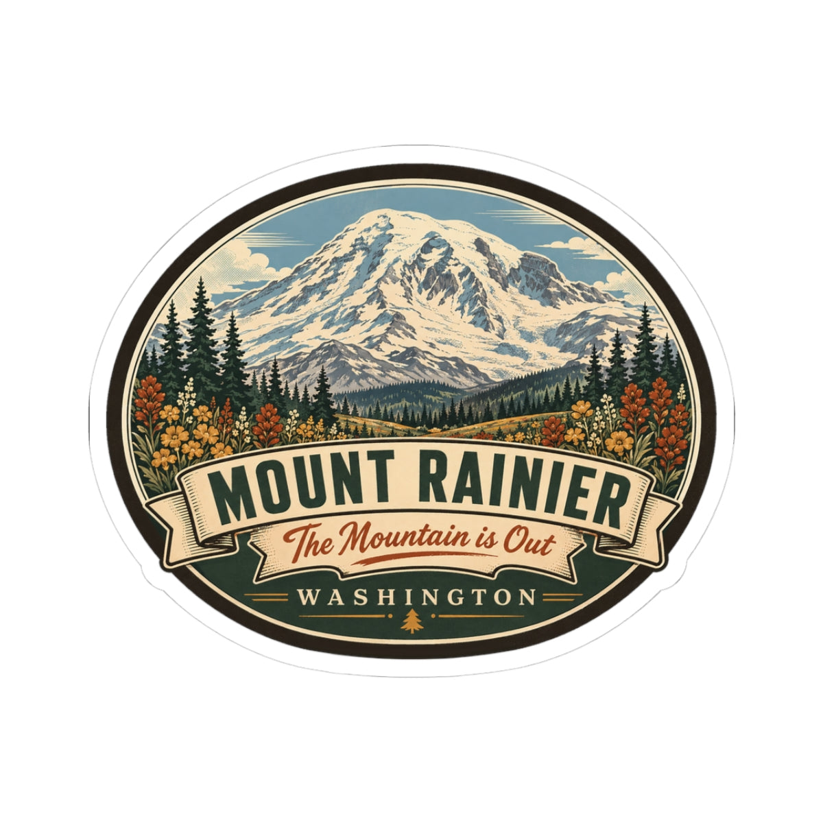 Oval travel sticker: Mount Rainier mountain scene with evergreen trees and WASHINGTON text