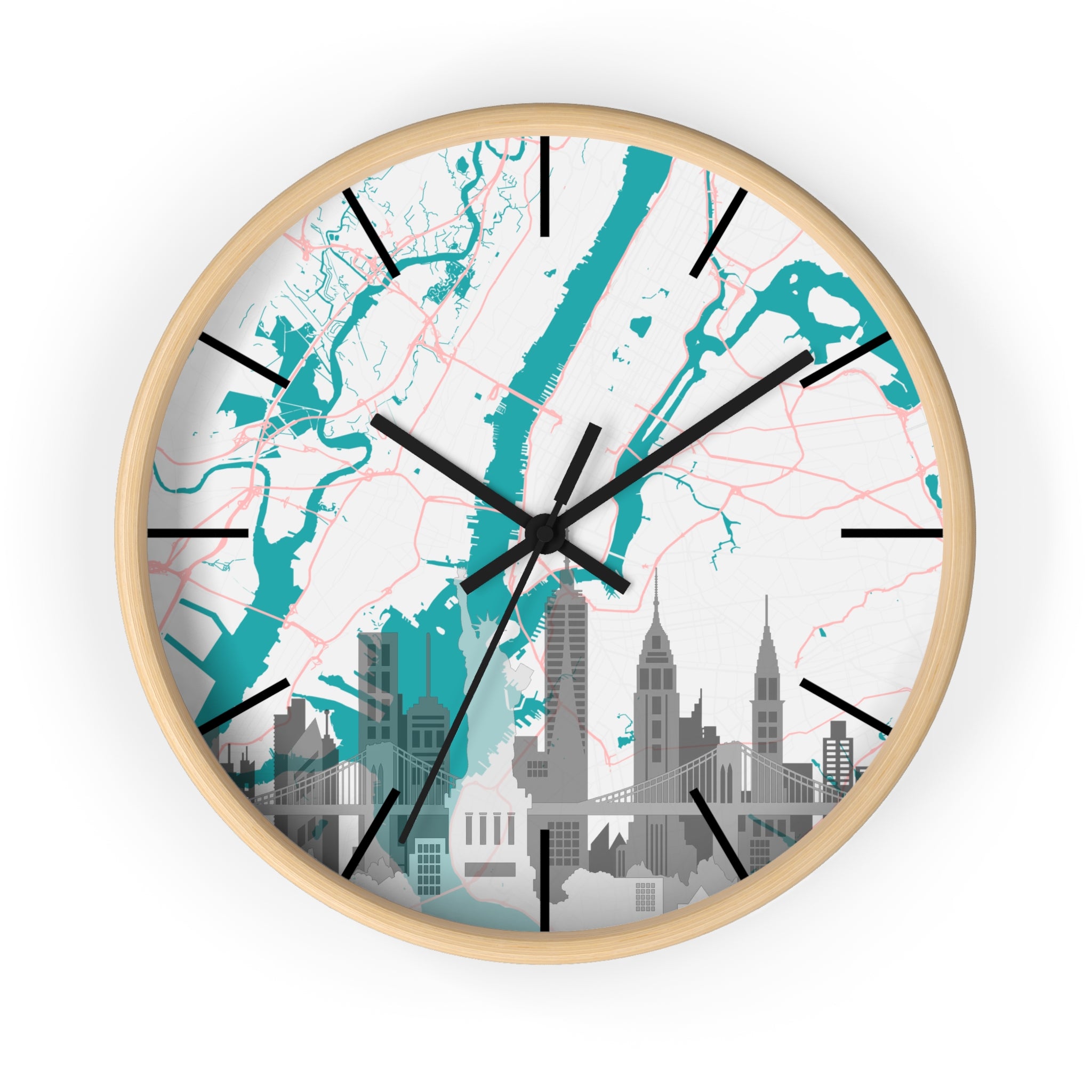 City skyline map wall clock with teal river background, black hands and wooden frame