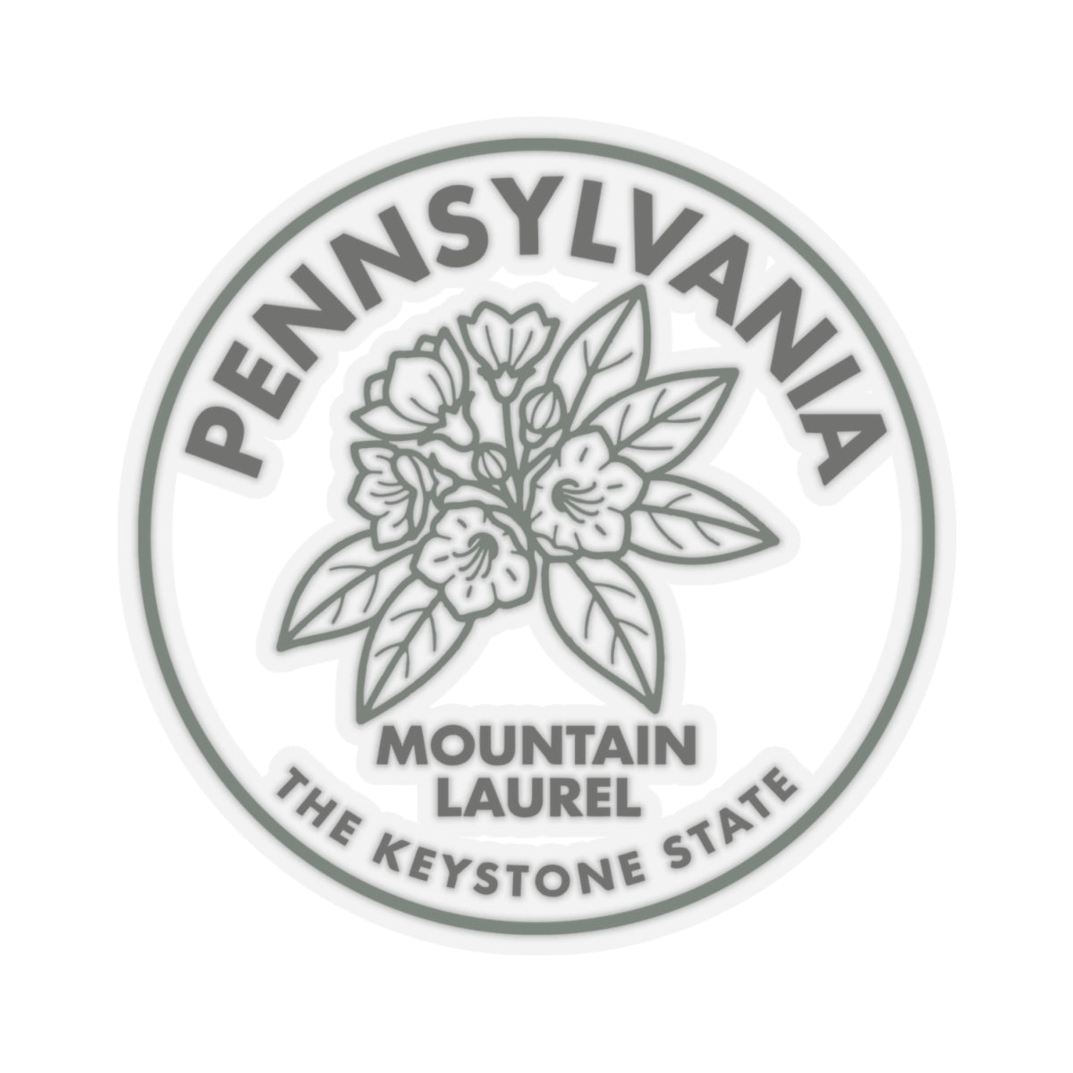 Transparent vinyl state flower sticker, close circular Pennsylvania Mountain Laurel key text