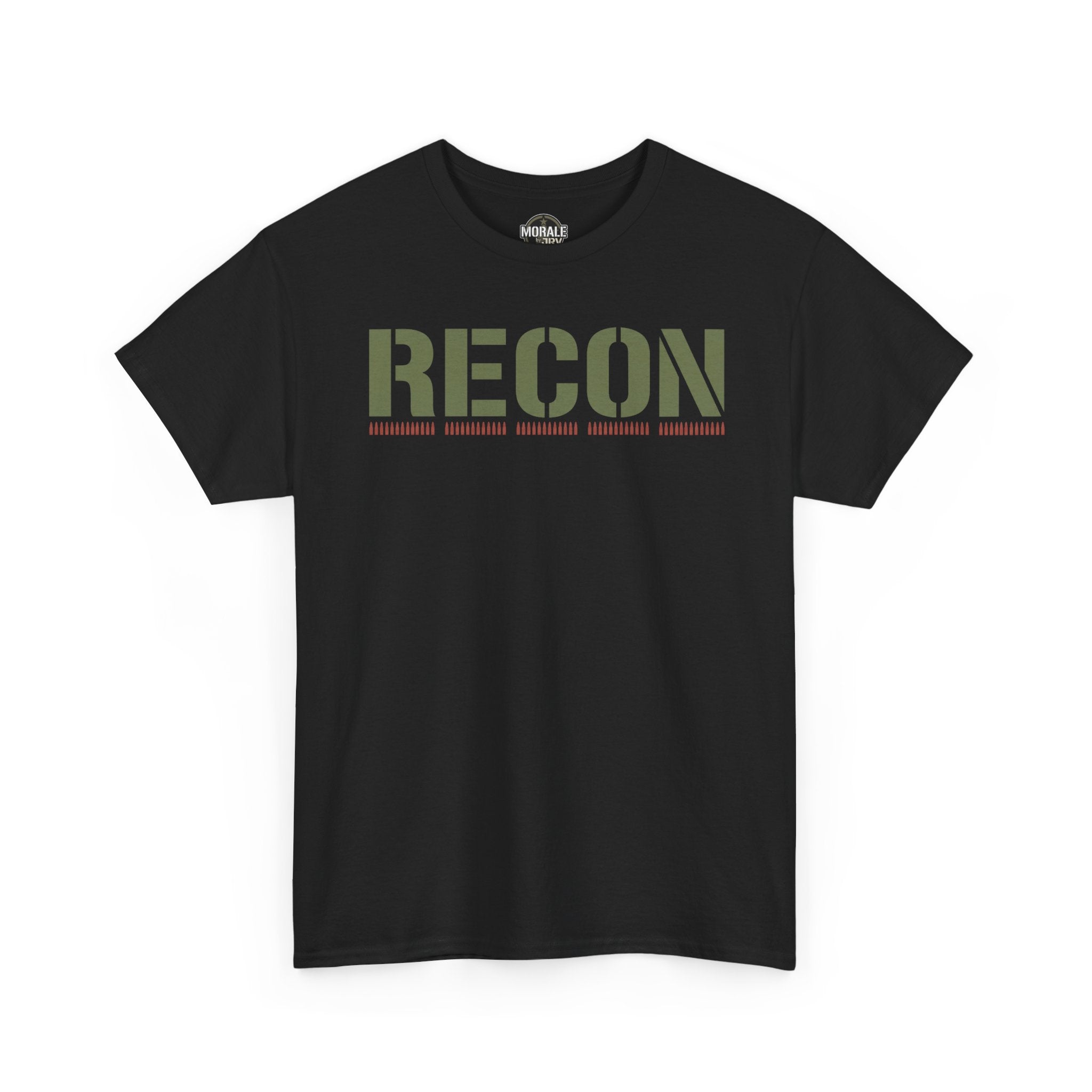 Black T-shirt with RECON stencil-style graphic across the chest