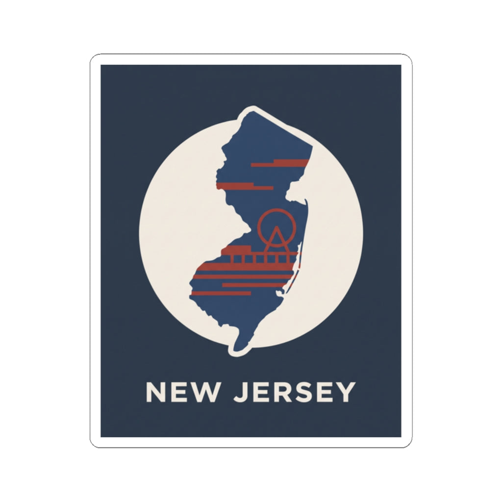 NJ state map sticker, white circular badge with red and blue lines on navy; kiss-cut edges