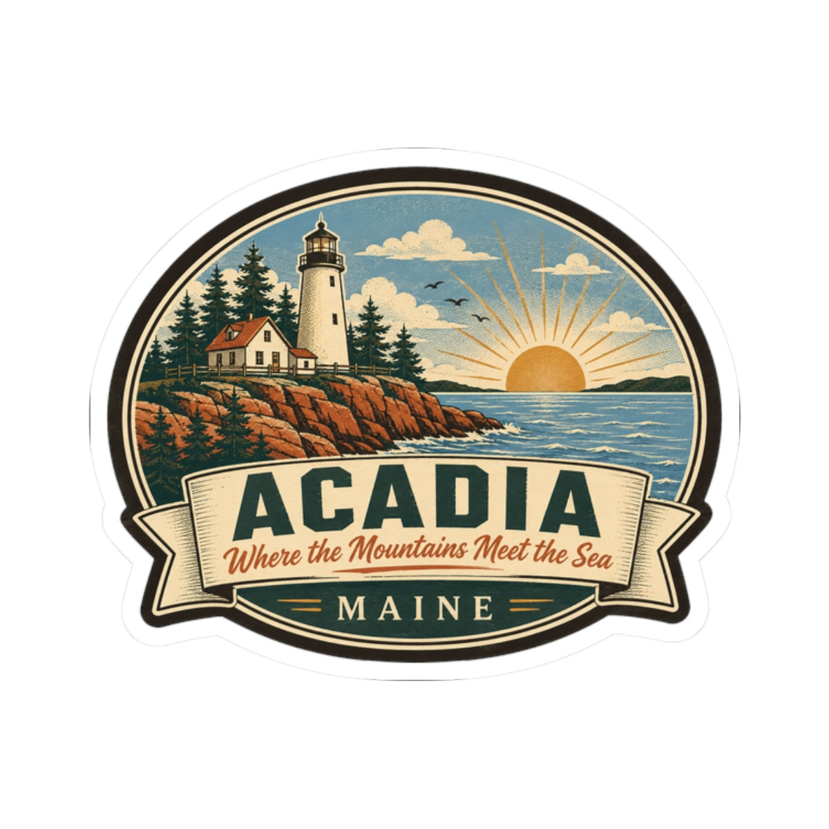 Round Acadia Maine sticker with lighthouse on cliffs, coastline waves, and bold 'ACADIA' label.