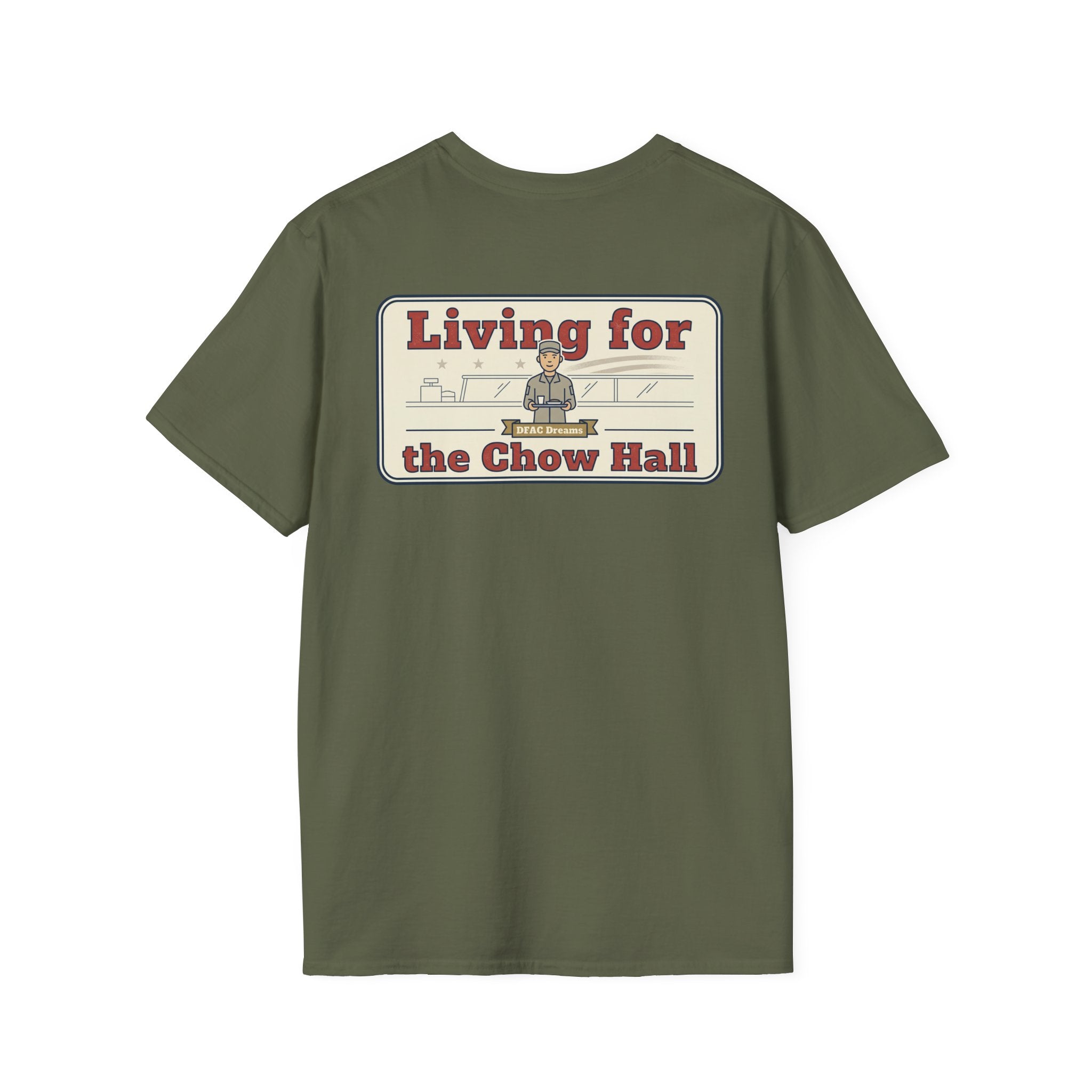 Funny Military Chow Hall Graphic T-Shirt Vintage Back Print with Faded Circle Chest Logo Unisex Tee