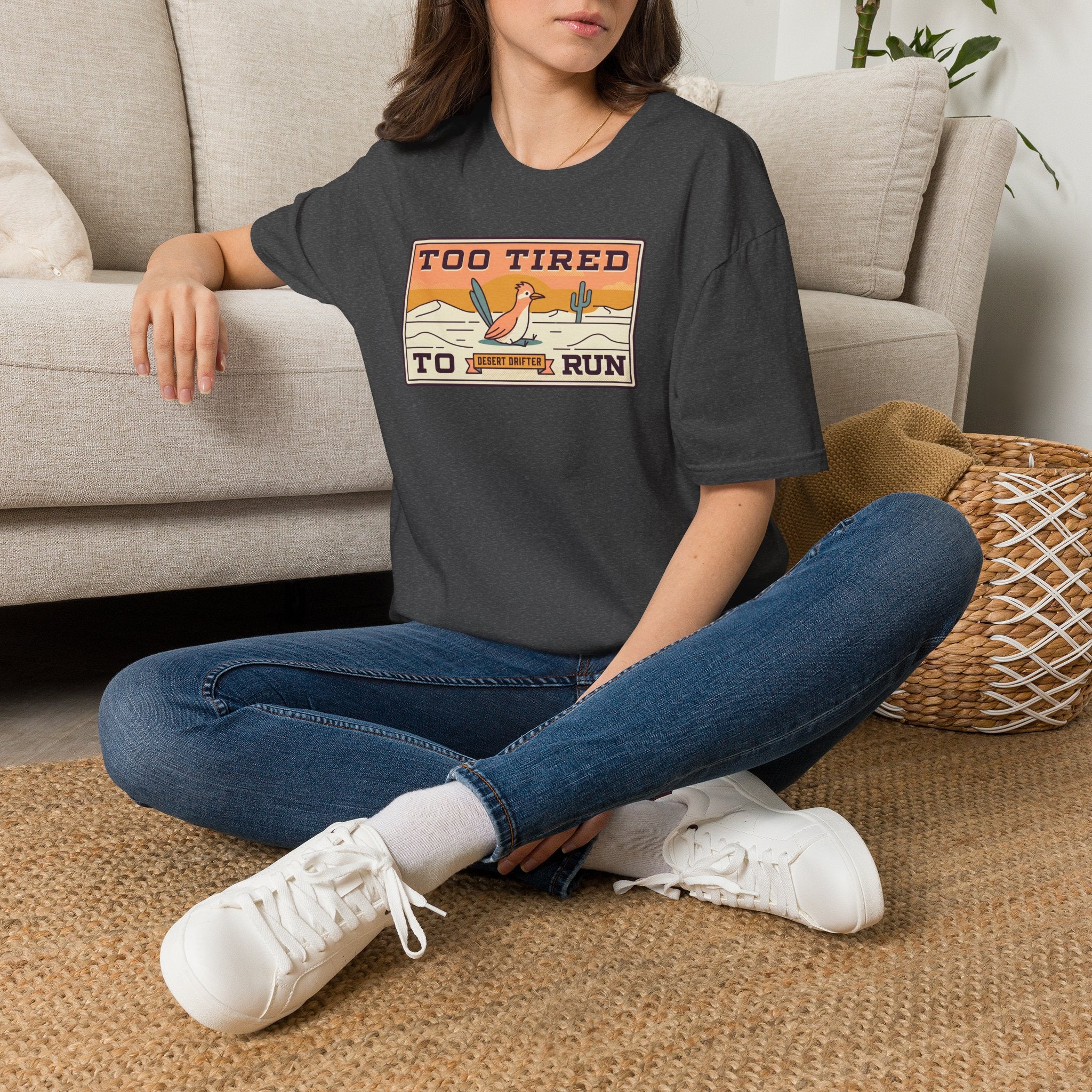 Funny Roadrunner T-Shirt | Too Tired Too Run Desert Drifter Retro Graphic Tee | Runner Gift