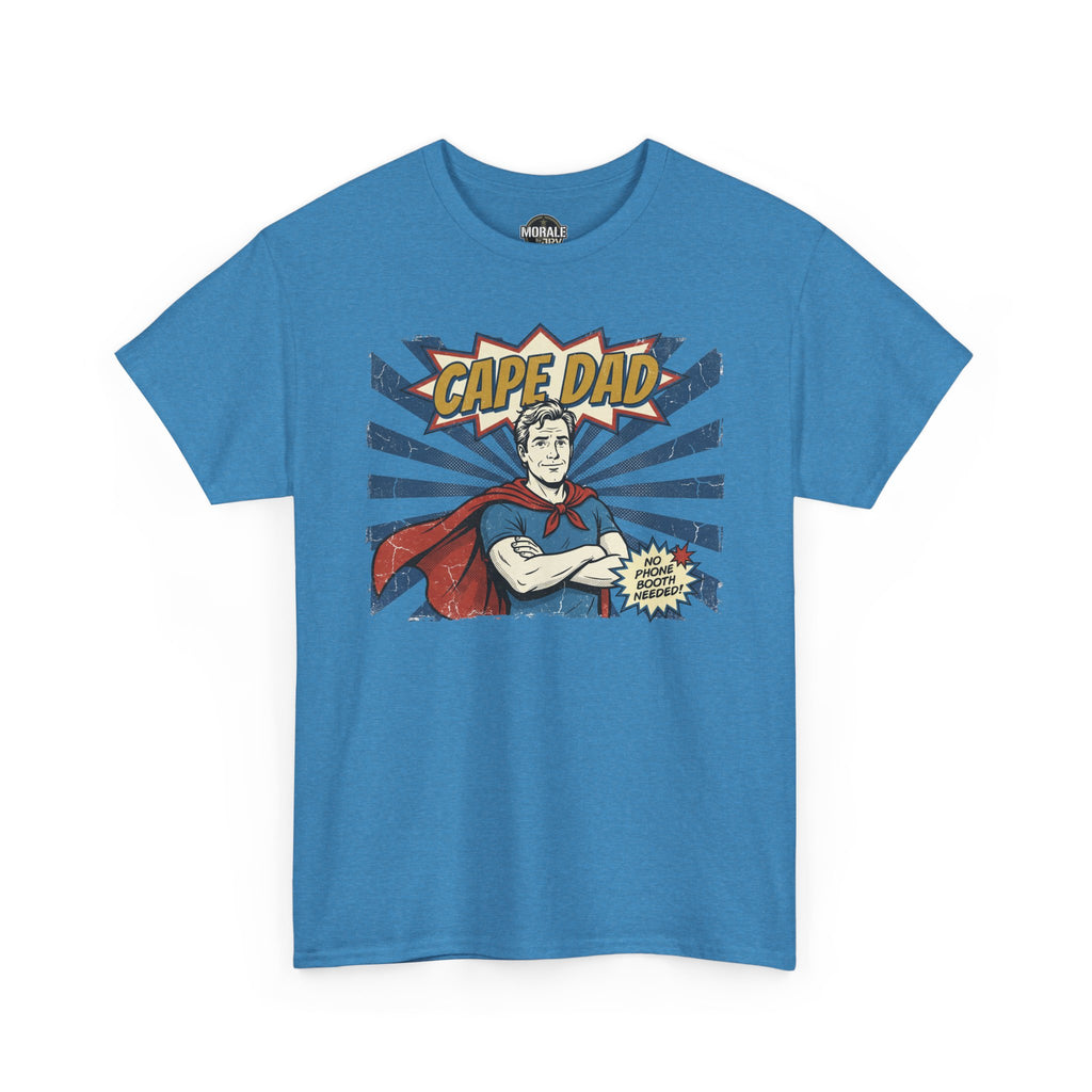 Blaues Cape Dad Comic-Superhelden-T-Shirt mit Frontprint und Logo