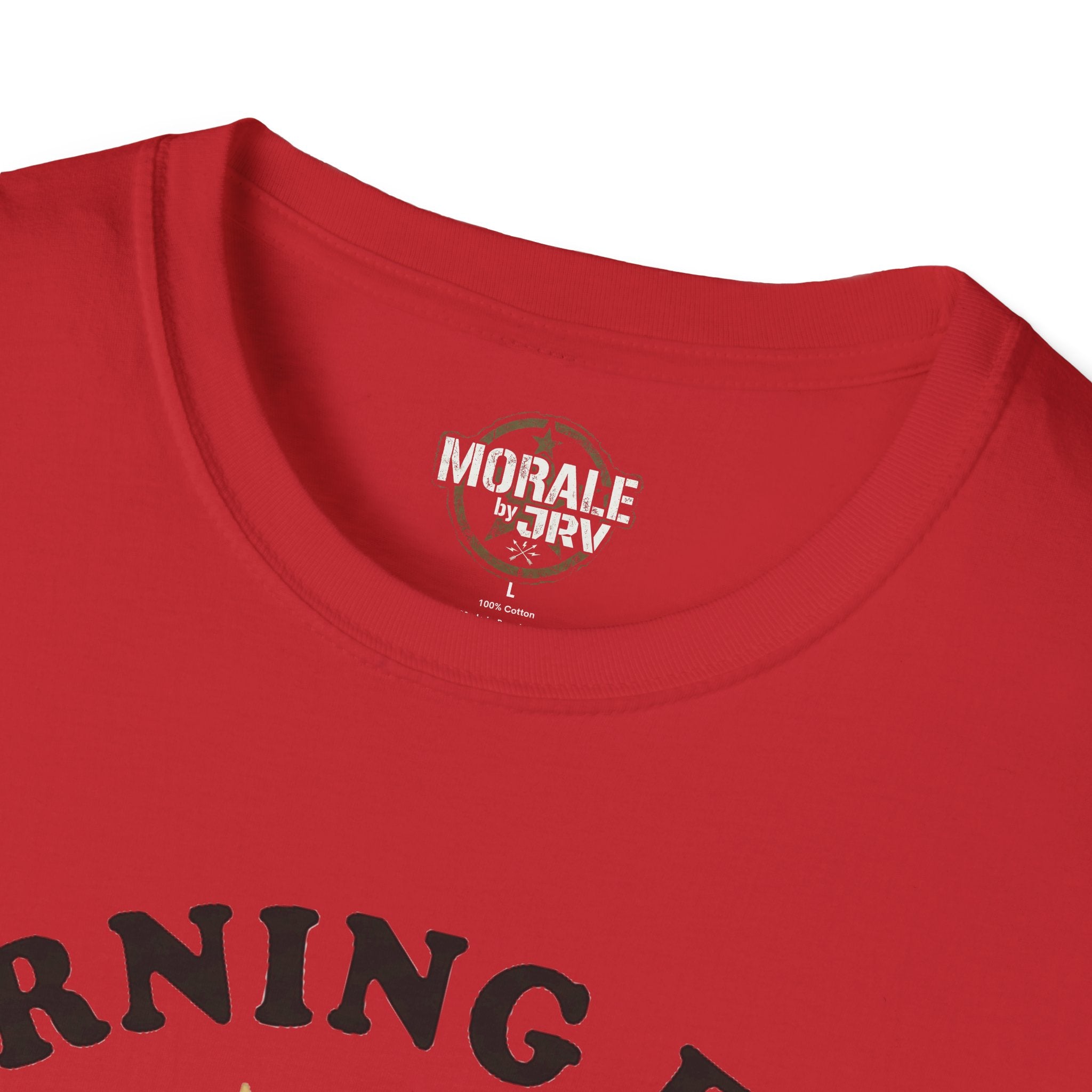 Red T-shirt with crew neck and small MORALE by JRV logo