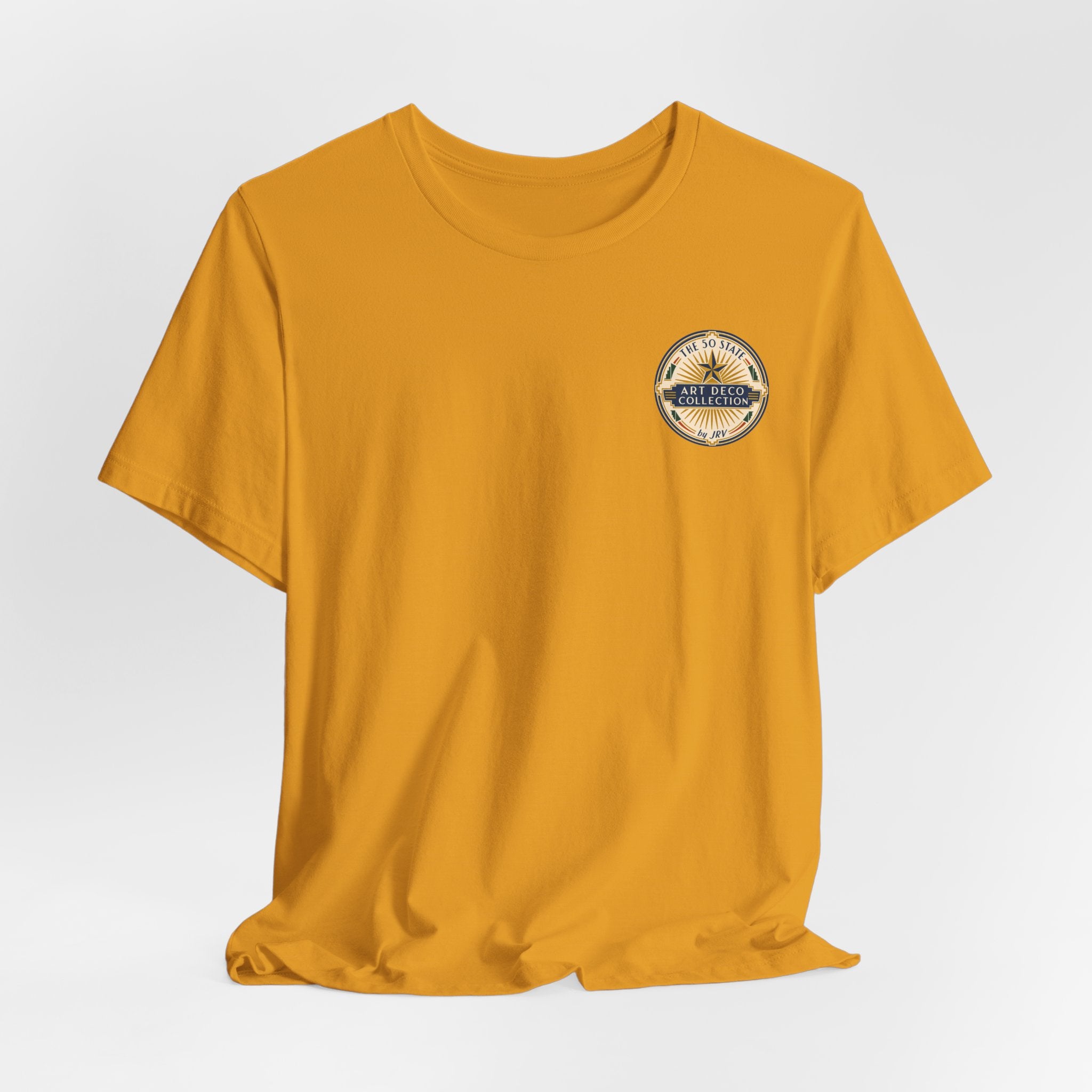 Mustard yellow short-sleeve T-shirt with small round emblem at upper chest